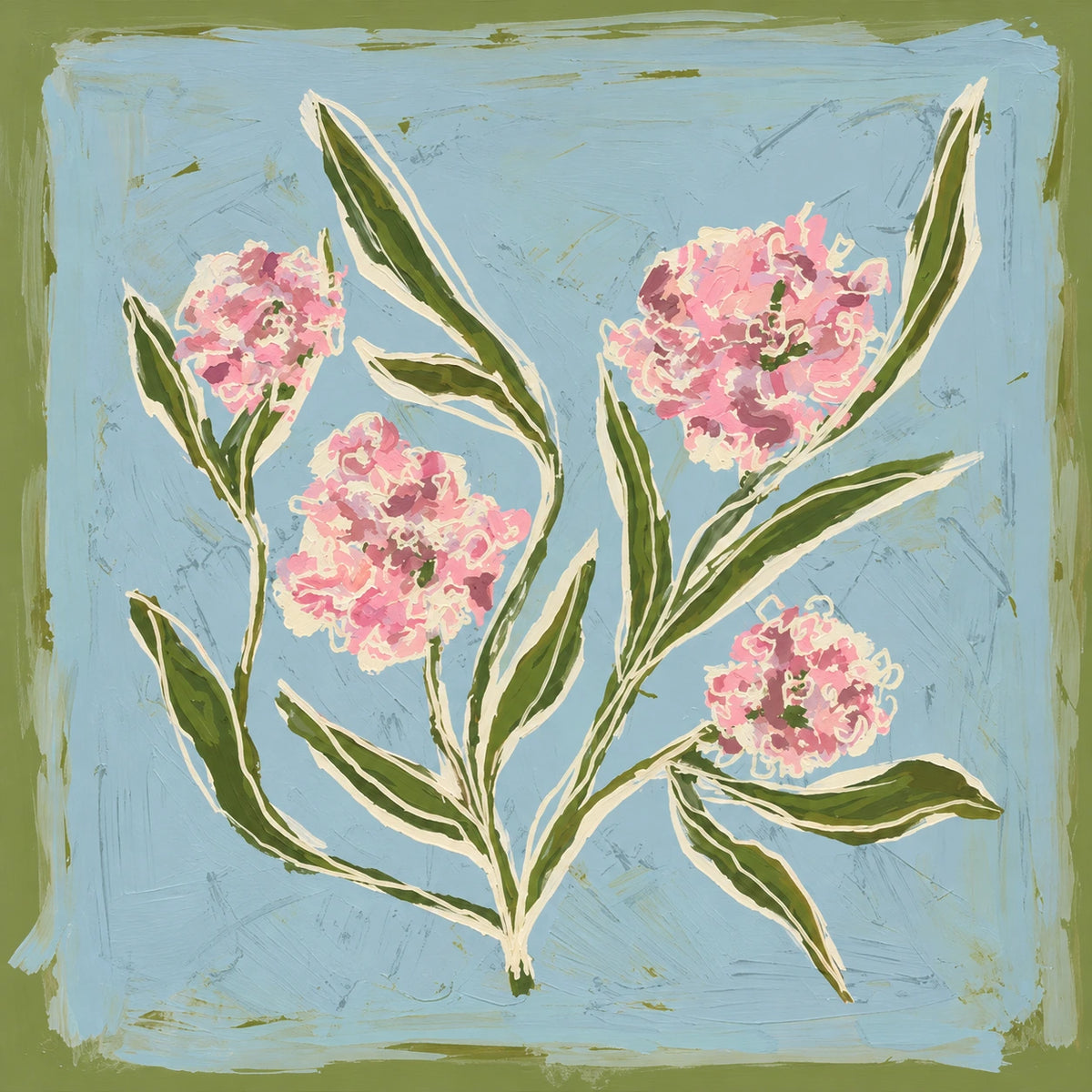 Blush Sprigs full artwork. Pink blossoms and long green leaves stretch across a pale blue ground edged with soft olive color.