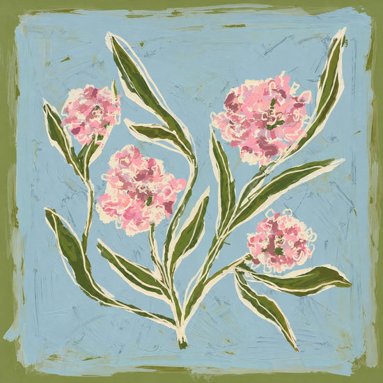 Blush Sprigs full artwork. Pink blossoms and long green leaves stretch across a pale blue ground edged with soft olive color.