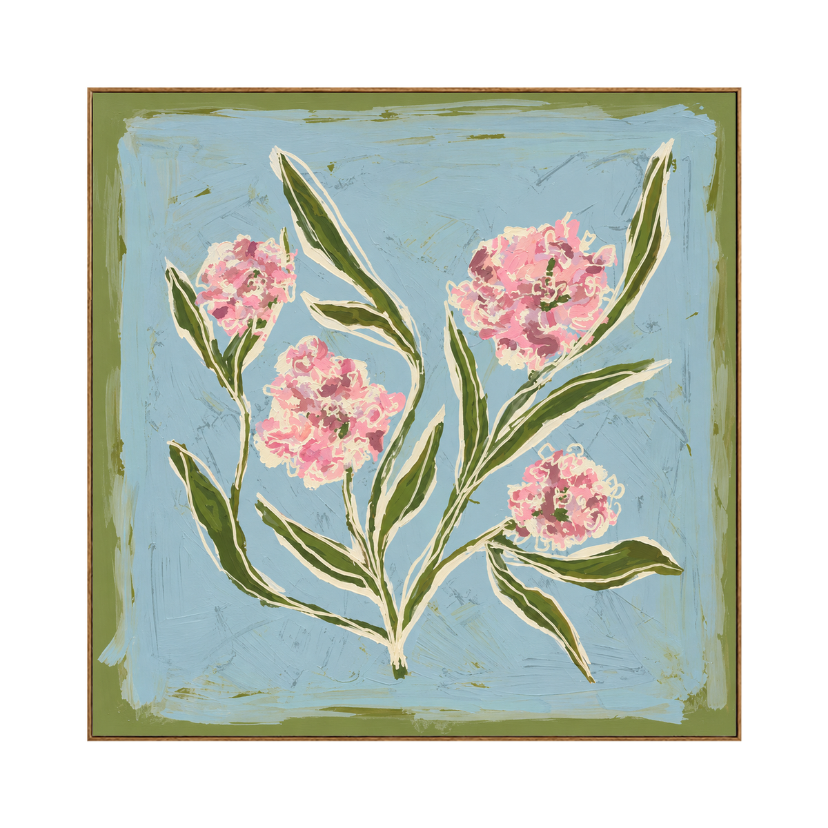 Blush Sprigs artwork in a natural wood frame on a transparent background.