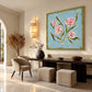 Blush Sprigs artwork displayed above a dark dining table.