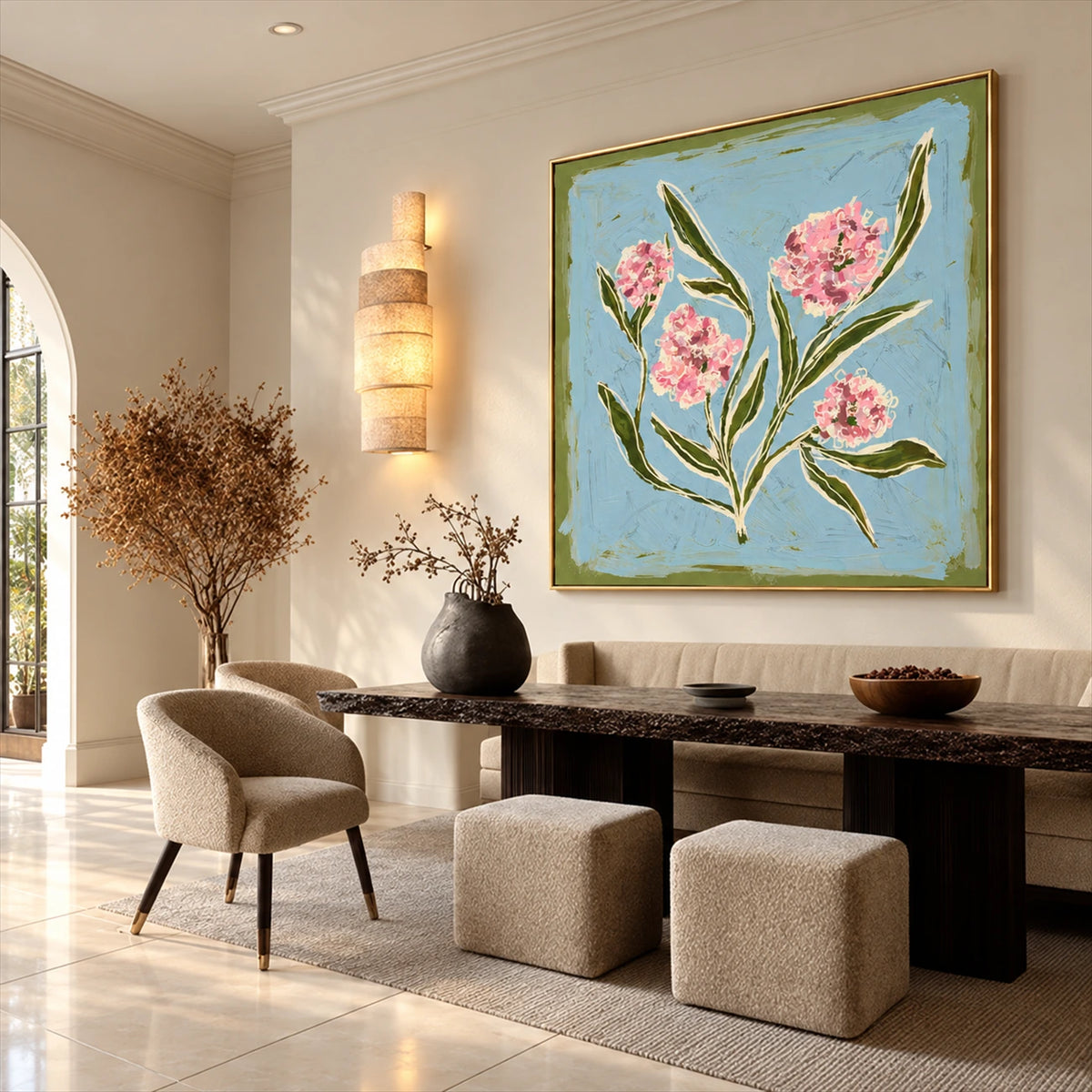 Blush Sprigs artwork displayed above a dark dining table.