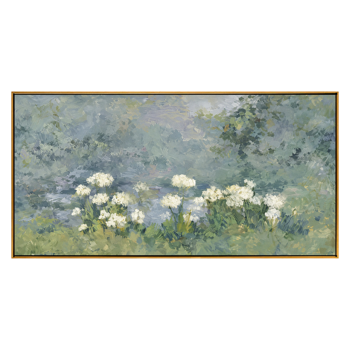 Mistgarden Whites artwork in a natural wood frame on a transparent background.