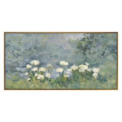 Mistgarden Whites artwork in a natural wood frame on a transparent background.