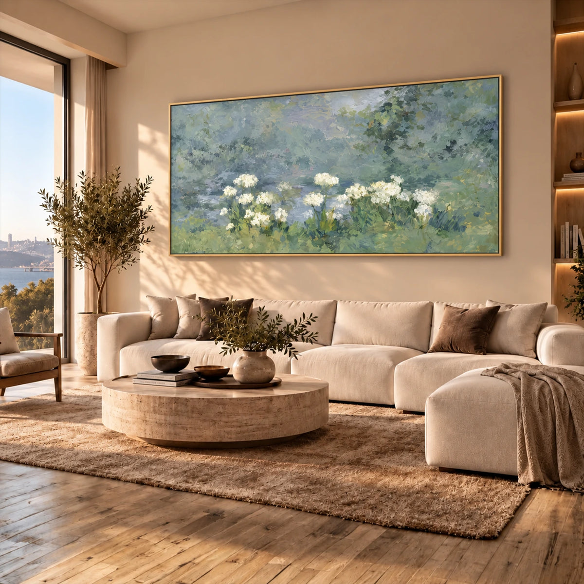 Mistgarden Whites artwork displayed above a cream sectional.