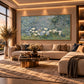 Mistgarden Whites artwork displayed above a neutral sofa with a dark coffee table.
