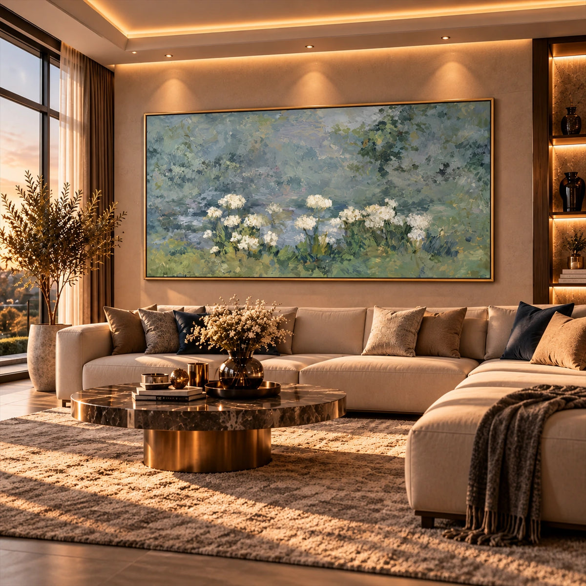 Mistgarden Whites artwork displayed above a neutral sofa with a dark coffee table.