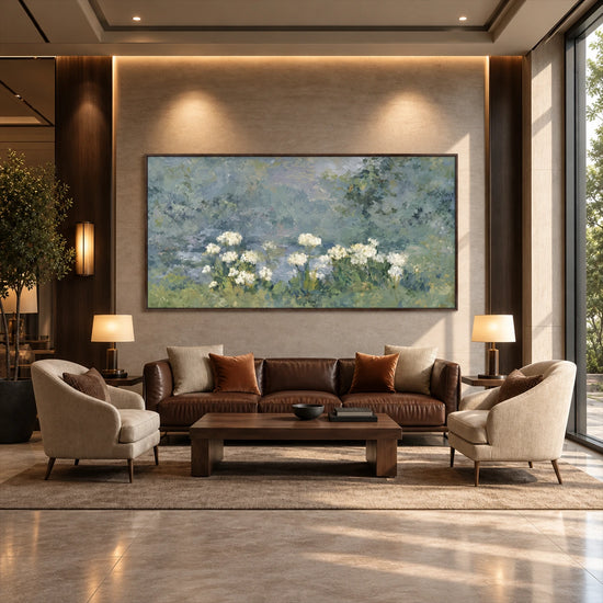 Mistgarden Whites artwork displayed above lounge seating in a tall room.