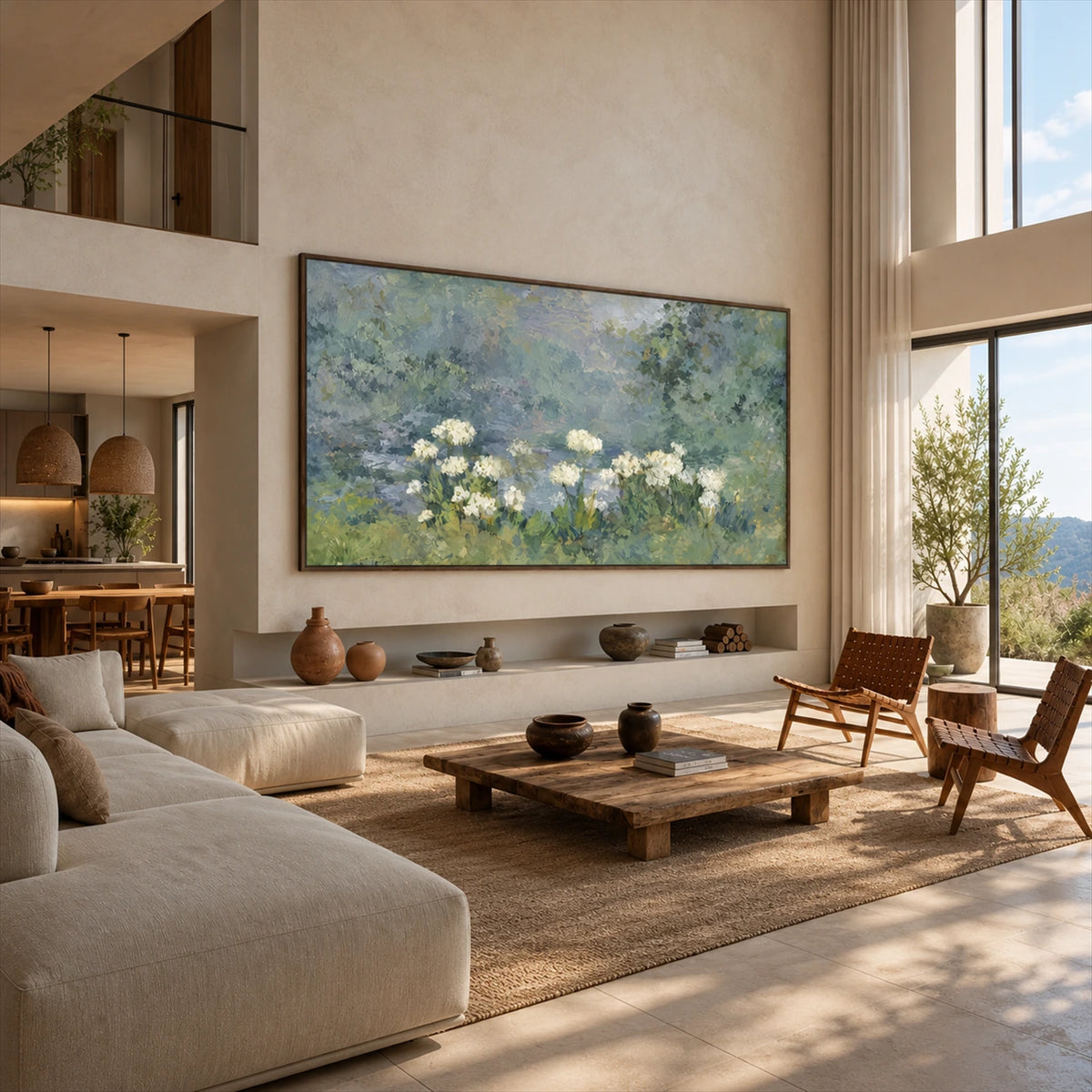 Mistgarden Whites artwork displayed above a low console in a double-height living room.