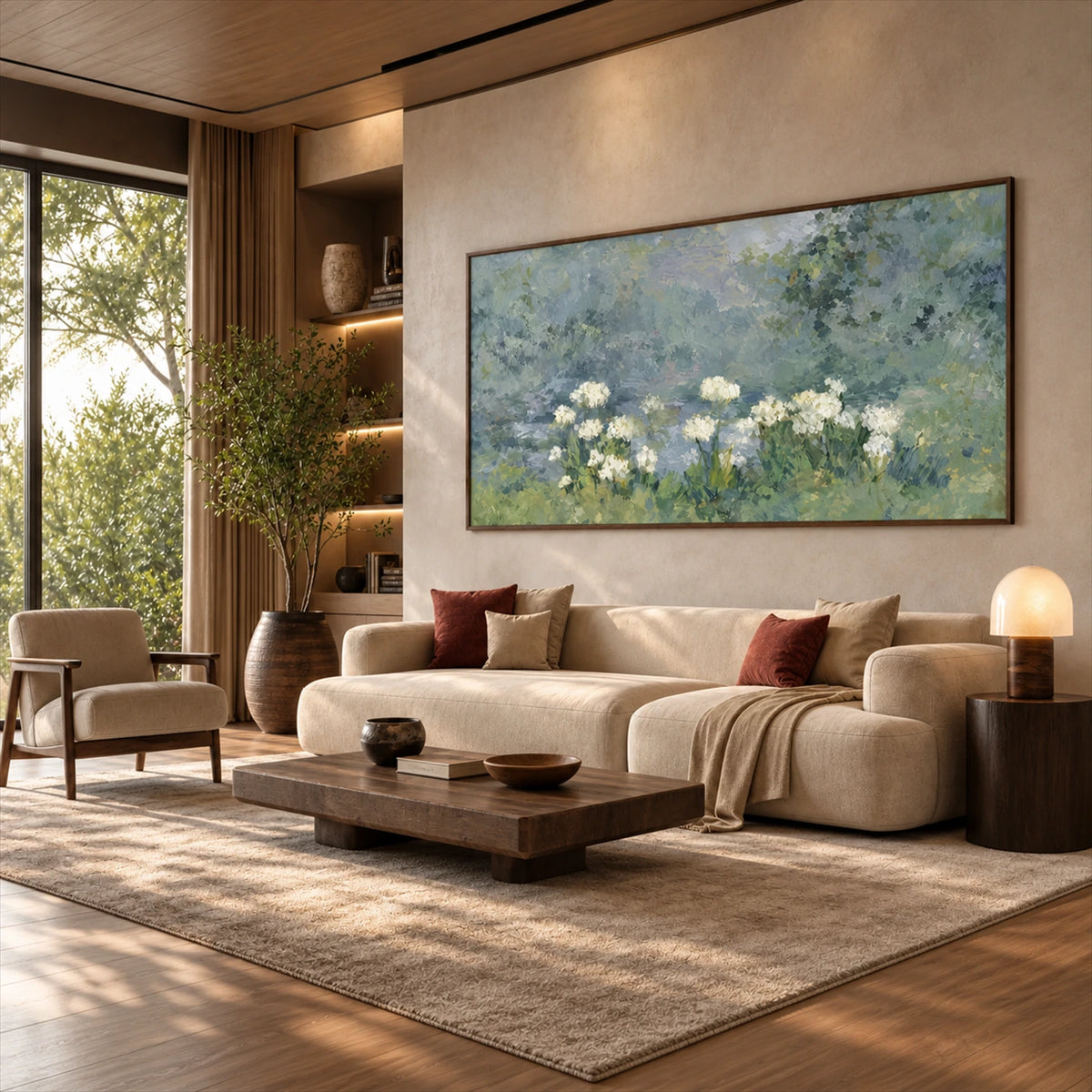 Mistgarden Whites artwork displayed above a cream sofa with rust-colored cushions.