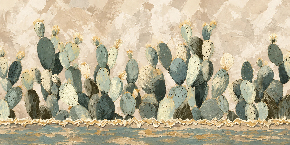 Sage Cactus Row full artwork. Rounded cactus pads gather in a long row beneath a mottled cream and beige sky.