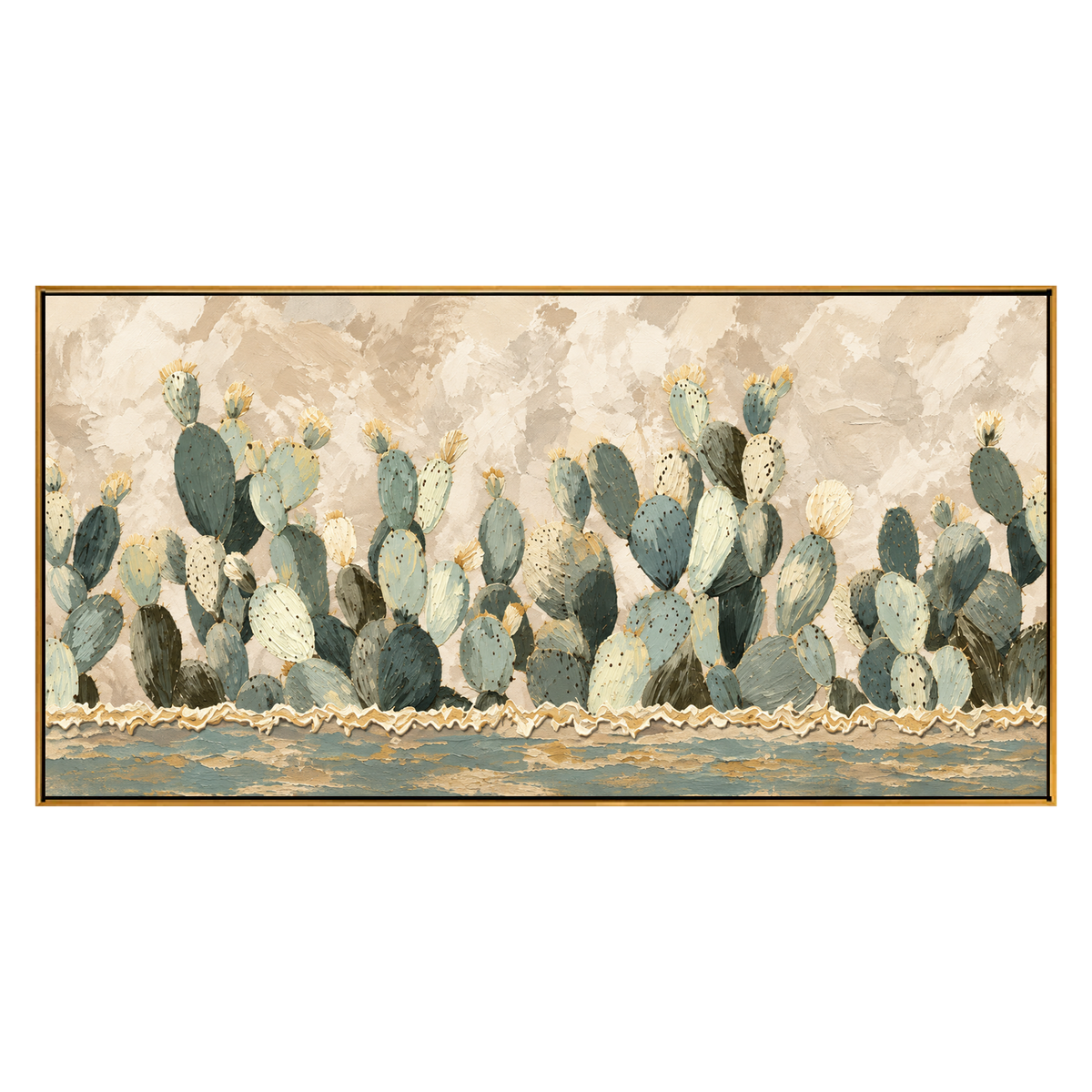 Sage Cactus Row artwork in a natural wood frame on a transparent background.