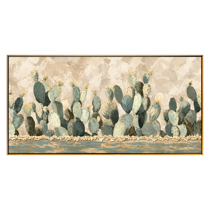 Sage Cactus Row artwork in a natural wood frame on a transparent background.