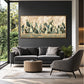 Sage Cactus Row artwork displayed above a dark sofa by tall windows.