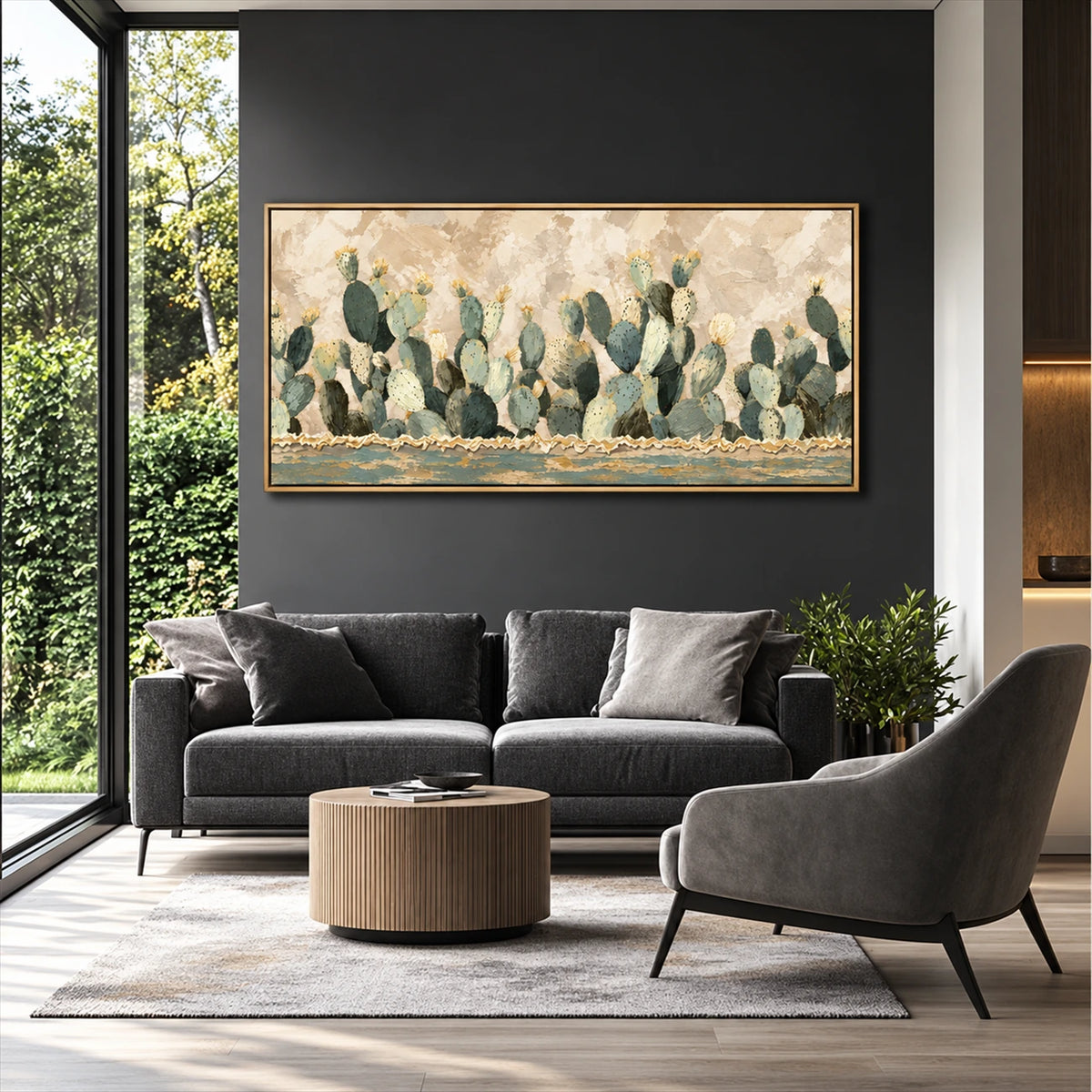 Sage Cactus Row artwork displayed above a dark sofa by tall windows.