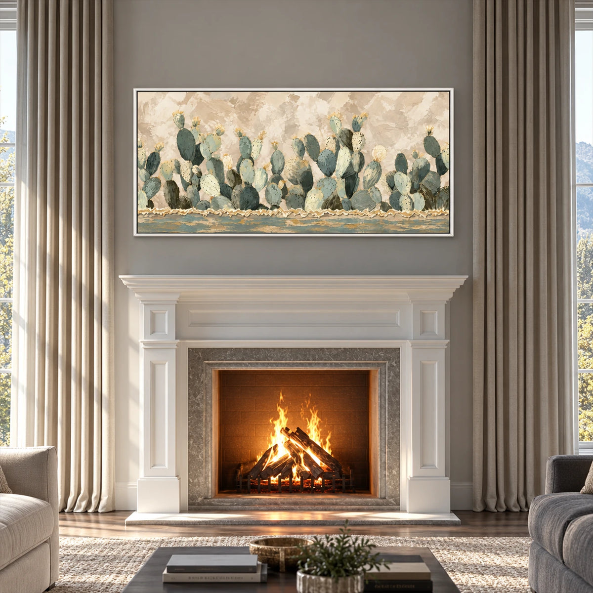 Sage Cactus Row artwork displayed above a white fireplace.