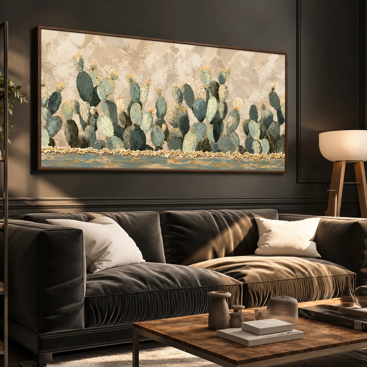 Sage Cactus Row artwork displayed above a dark sofa and wooden coffee table.