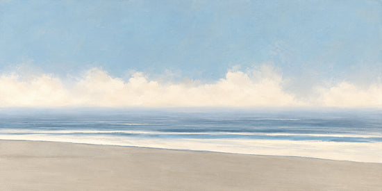 Open Shoreline full artwork. A wide stretch of pale sand meets calm blue water beneath a low bank of soft white clouds.