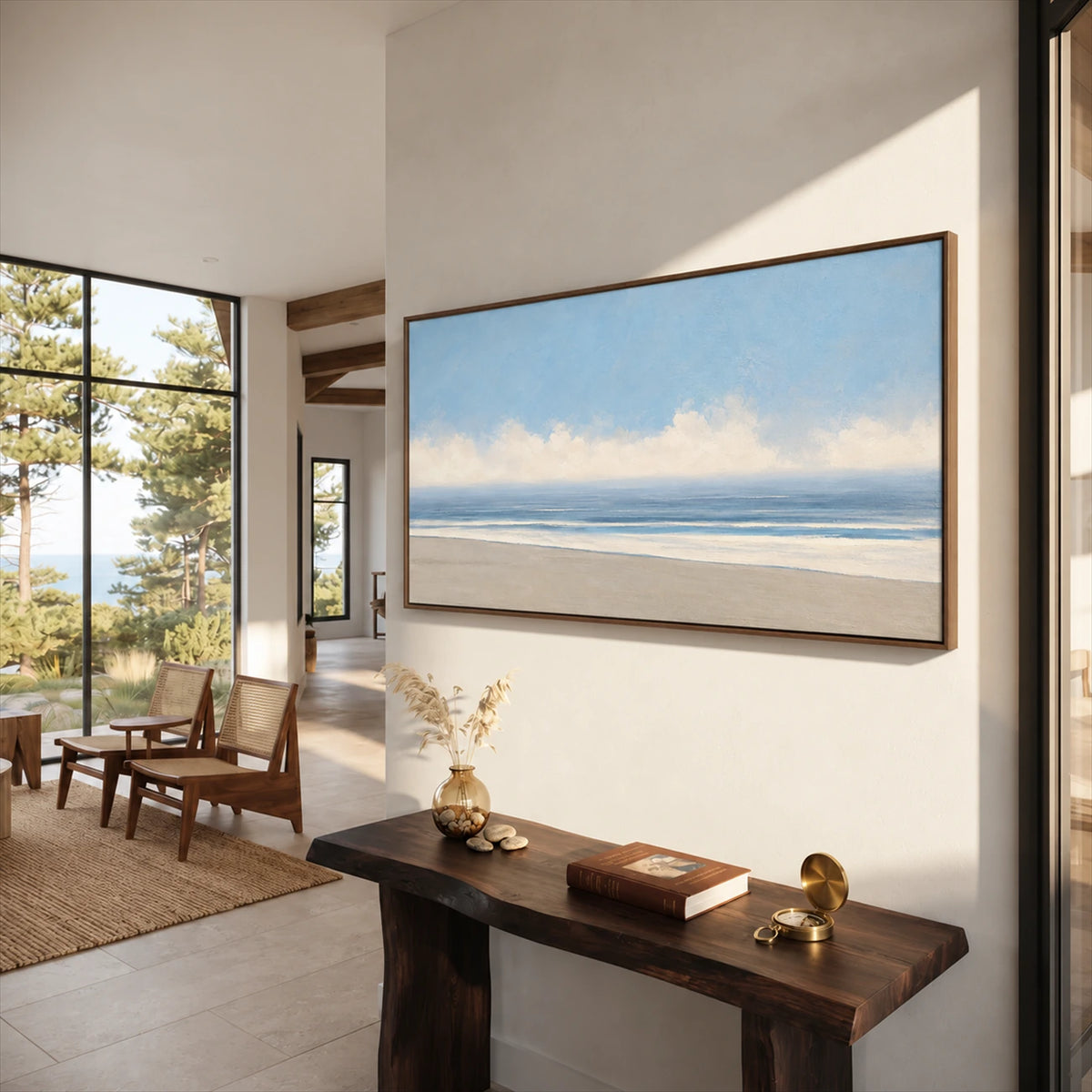 Open Shoreline artwork displayed above a dark wooden console.