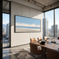 Open Shoreline artwork displayed beside a conference table and city-view windows.