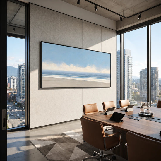 Open Shoreline artwork displayed beside a conference table and city-view windows.