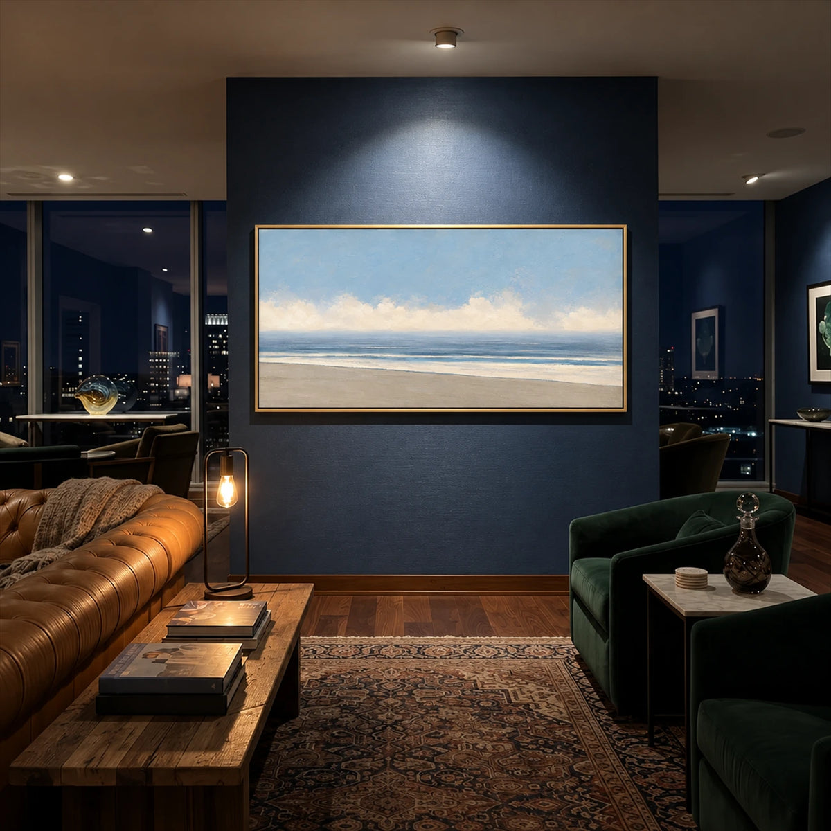 Open Shoreline artwork displayed above seating against a dark blue wall.