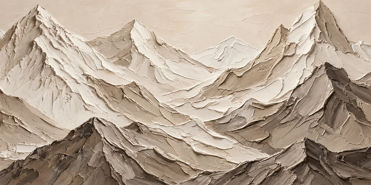 Alpine Relief full artwork. Layered mountain ridges rise in ivory, taupe, and warm gray beneath a pale open sky.