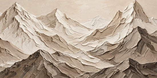 Alpine Relief full artwork. Layered mountain ridges rise in ivory, taupe, and warm gray beneath a pale open sky.