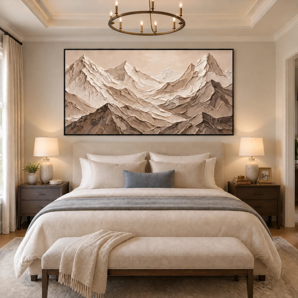 Alpine Relief artwork displayed above a neutral bed.