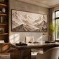 Alpine Relief artwork displayed above a desk beside shelves.