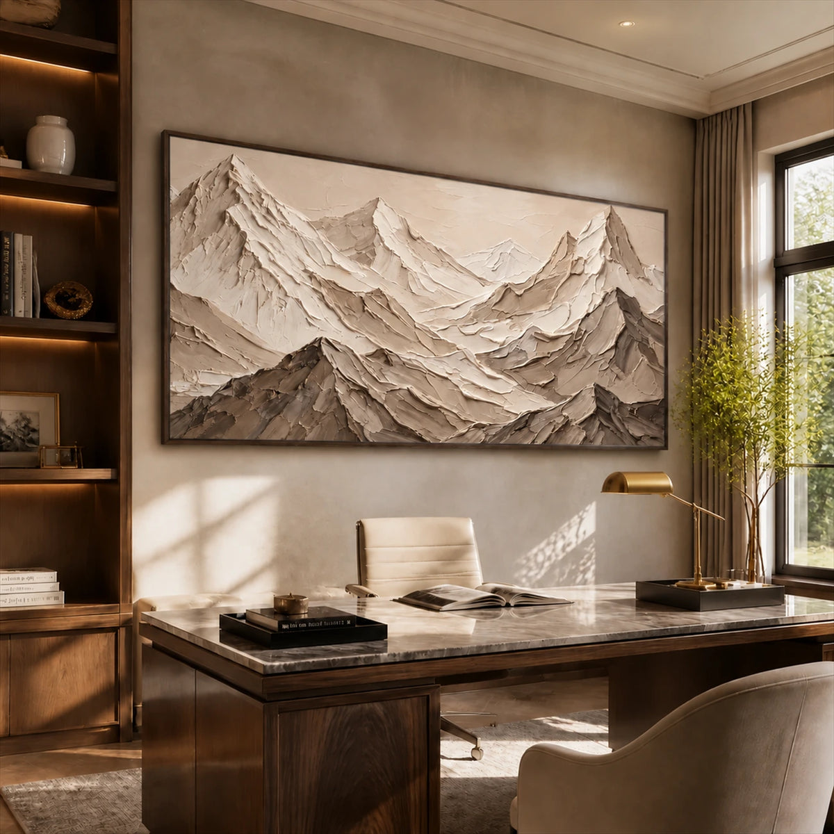 Alpine Relief artwork displayed above a desk beside shelves.
