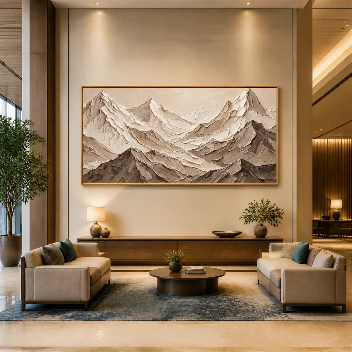 Alpine Relief artwork displayed above a low console in a tall lounge.