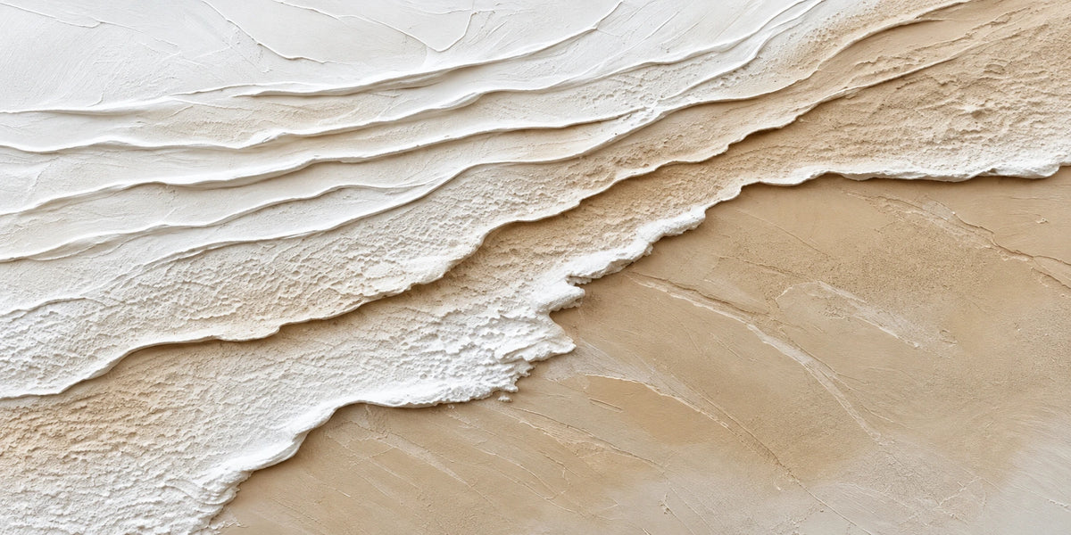 Sandy Tides full artwork. White textured waves sweep diagonally across a warm sandy ground, their raised edges casting delicate shadows.