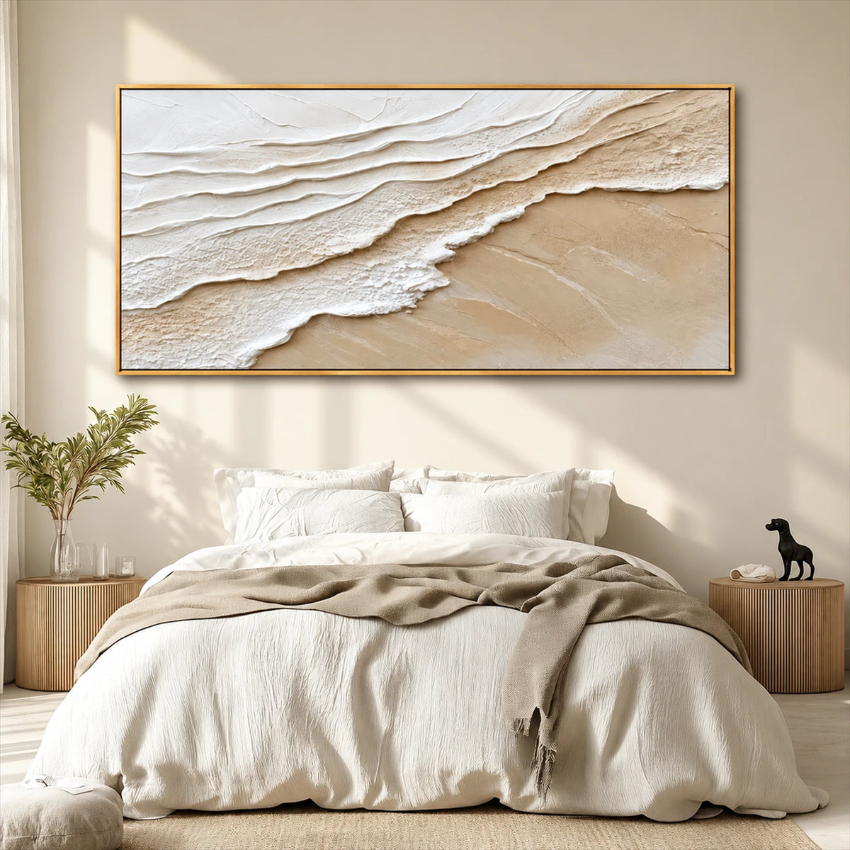 Sandy Tides artwork displayed above a bed with cream linen.