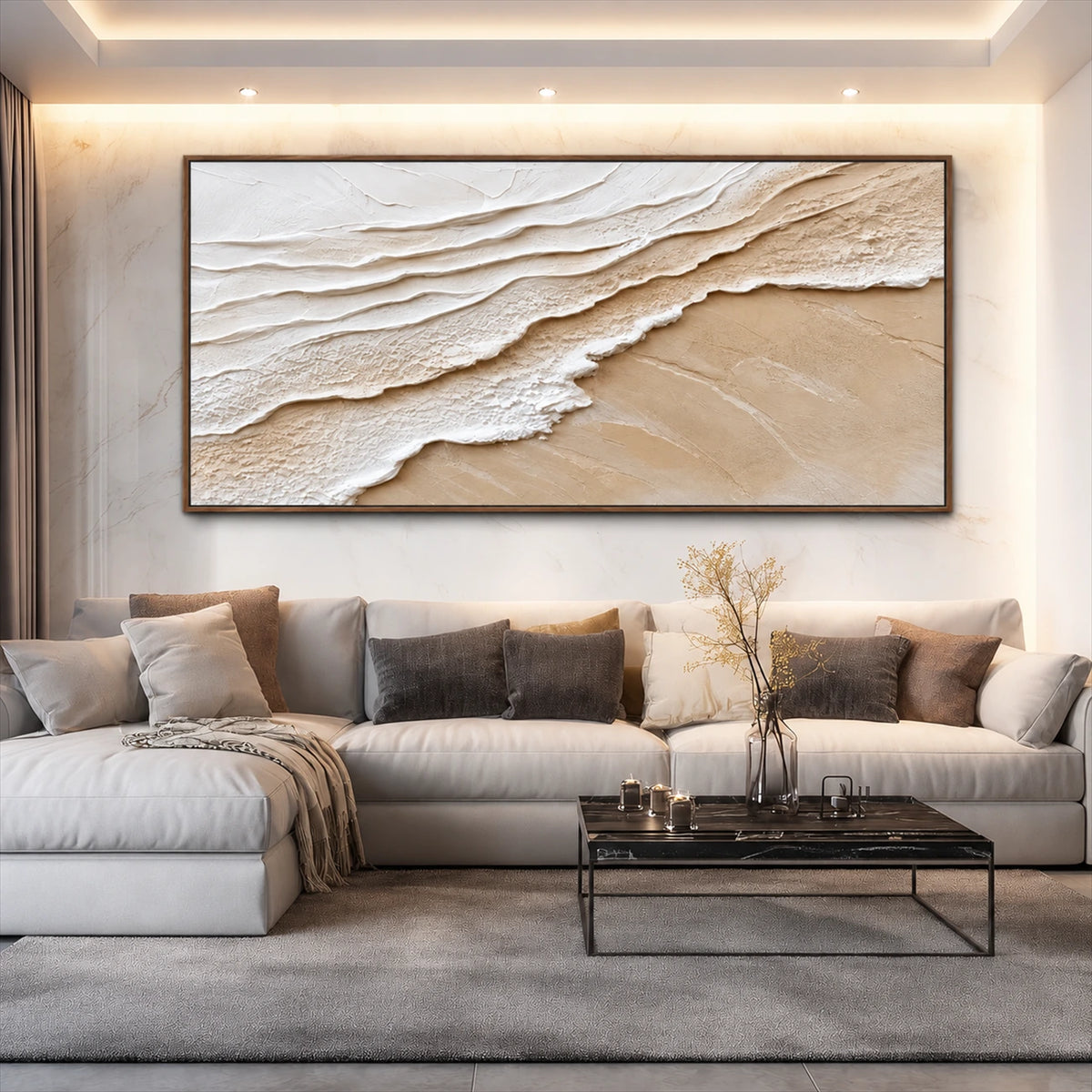Sandy Tides artwork displayed above a gray sofa and dark coffee table.