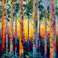 Prismatic Woodland full artwork. Slender tree trunks rise through a brilliant field of orange, teal, violet, and yellow, with golden light glowing between the branches.