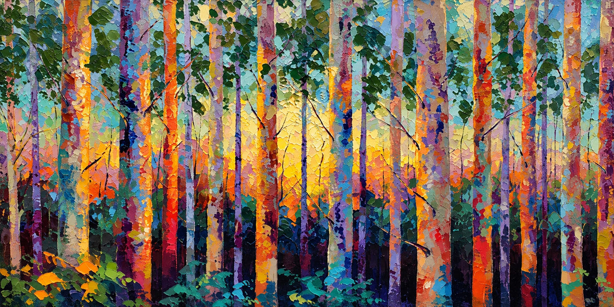 Prismatic Woodland full artwork. Slender tree trunks rise through a brilliant field of orange, teal, violet, and yellow, with golden light glowing between the branches.