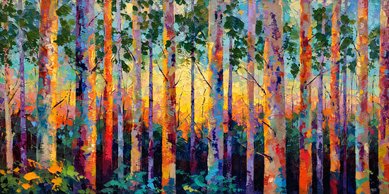 Prismatic Woodland full artwork. Slender tree trunks rise through a brilliant field of orange, teal, violet, and yellow, with golden light glowing between the branches.