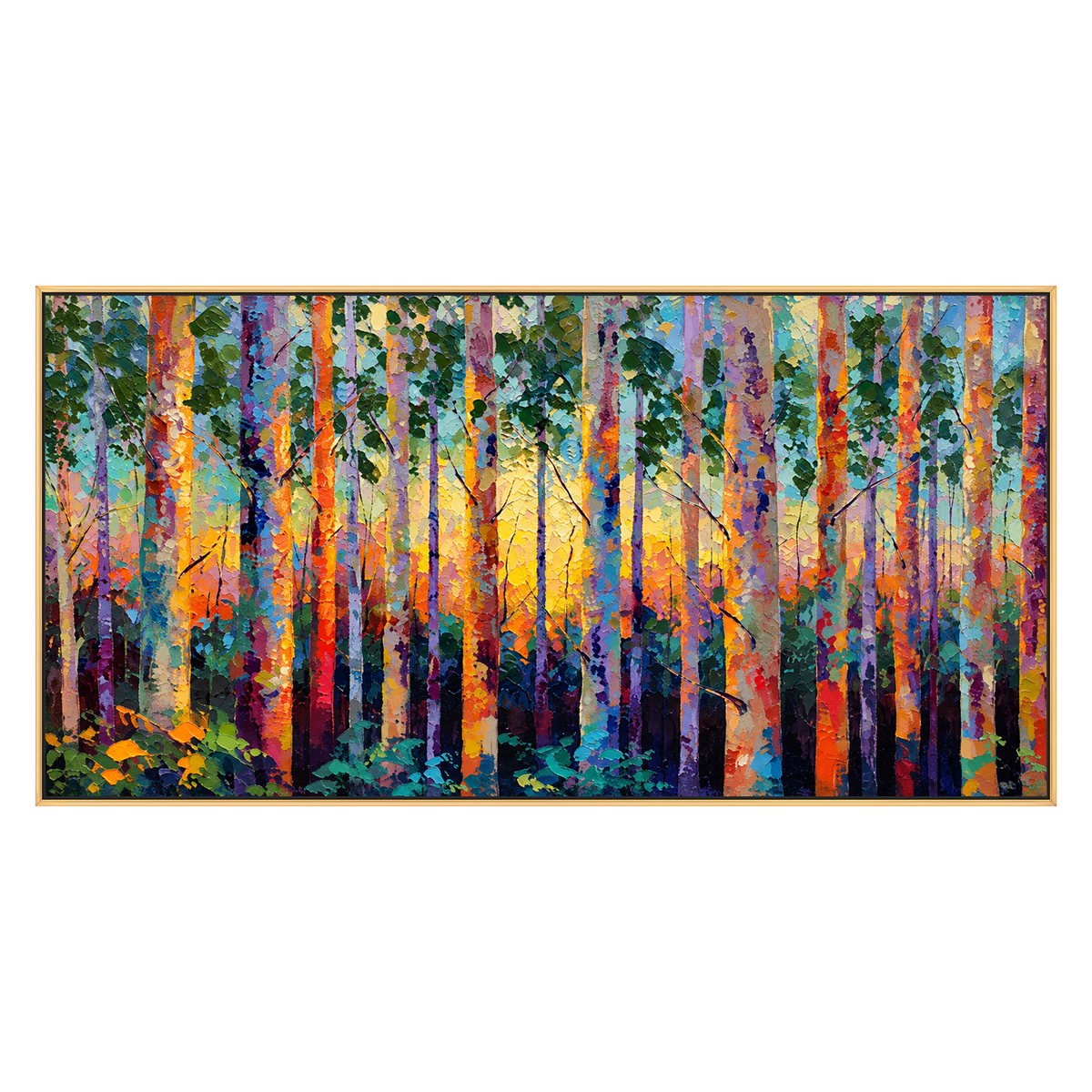 Prismatic Woodland artwork in a gold frame on a transparent background.