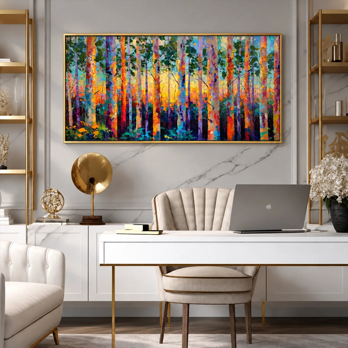 Prismatic Woodland artwork displayed above a white desk.
