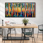 Prismatic Woodland artwork displayed above a wooden dining table.