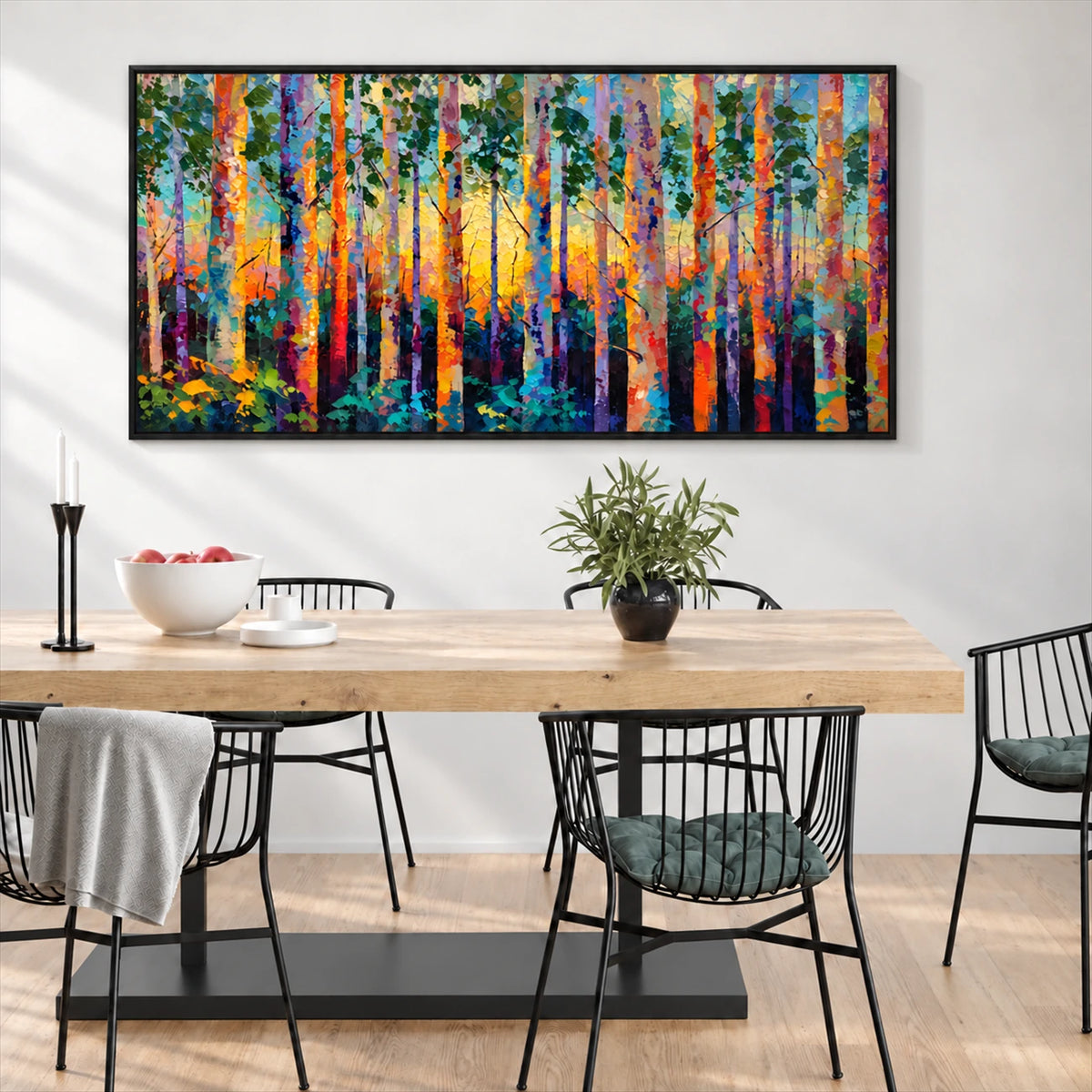 Prismatic Woodland artwork displayed above a wooden dining table.