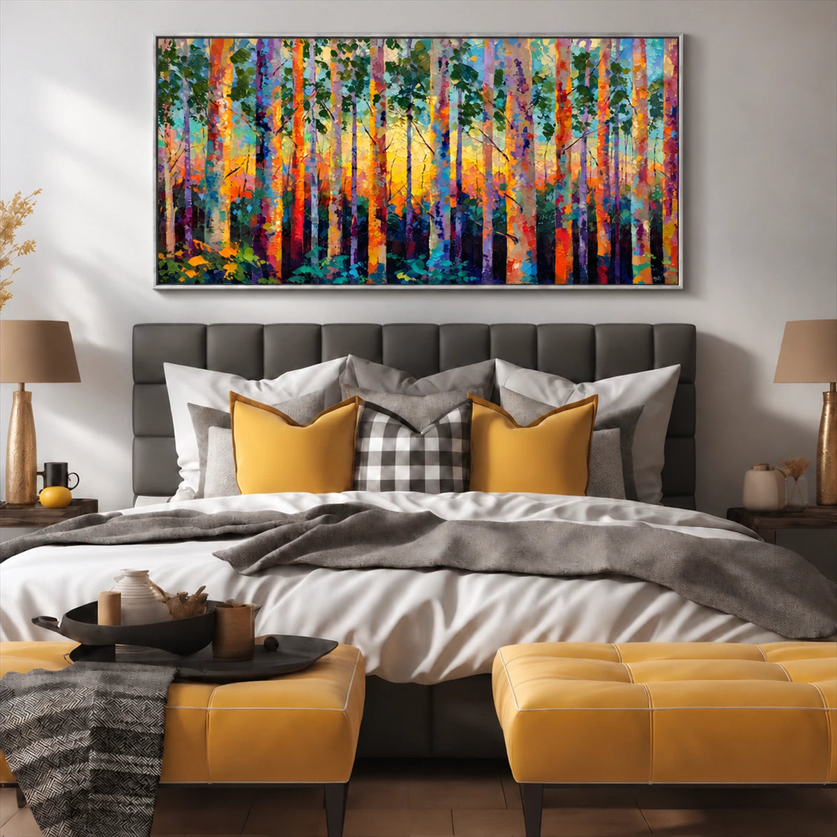 Prismatic Woodland artwork displayed above a gray upholstered bed.