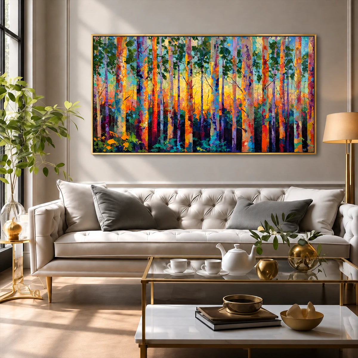 Prismatic Woodland artwork displayed above a cream sofa.