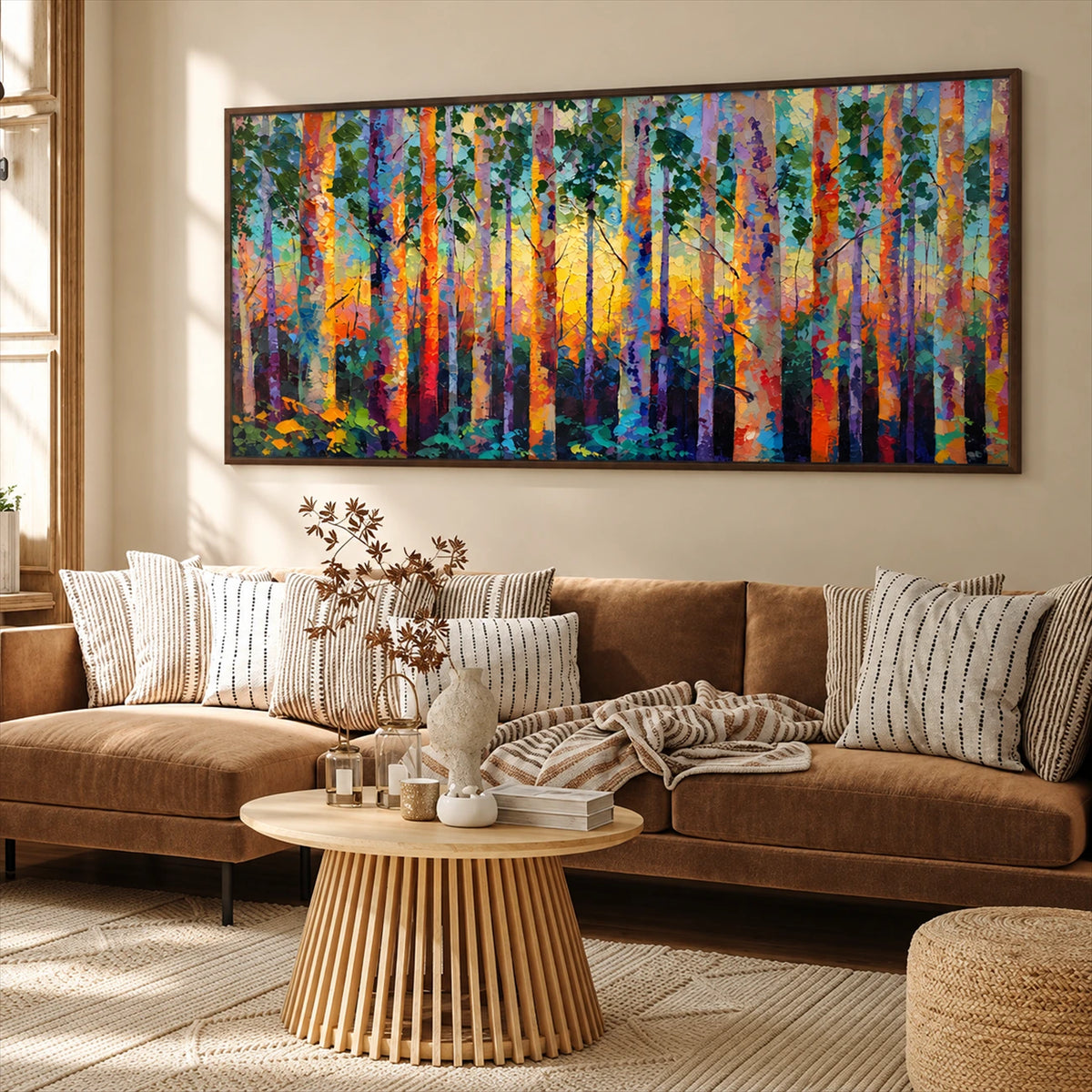 Prismatic Woodland artwork displayed above a brown sofa and round wooden table.