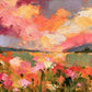 Sunset Petalfield full artwork. Coral and pink flowers fill the foreground beneath a sky of glowing orange, rose, and creamy yellow.
