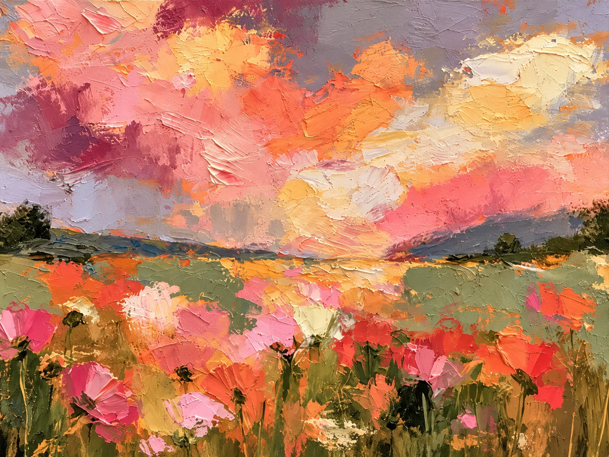Sunset Petalfield full artwork. Coral and pink flowers fill the foreground beneath a sky of glowing orange, rose, and creamy yellow.