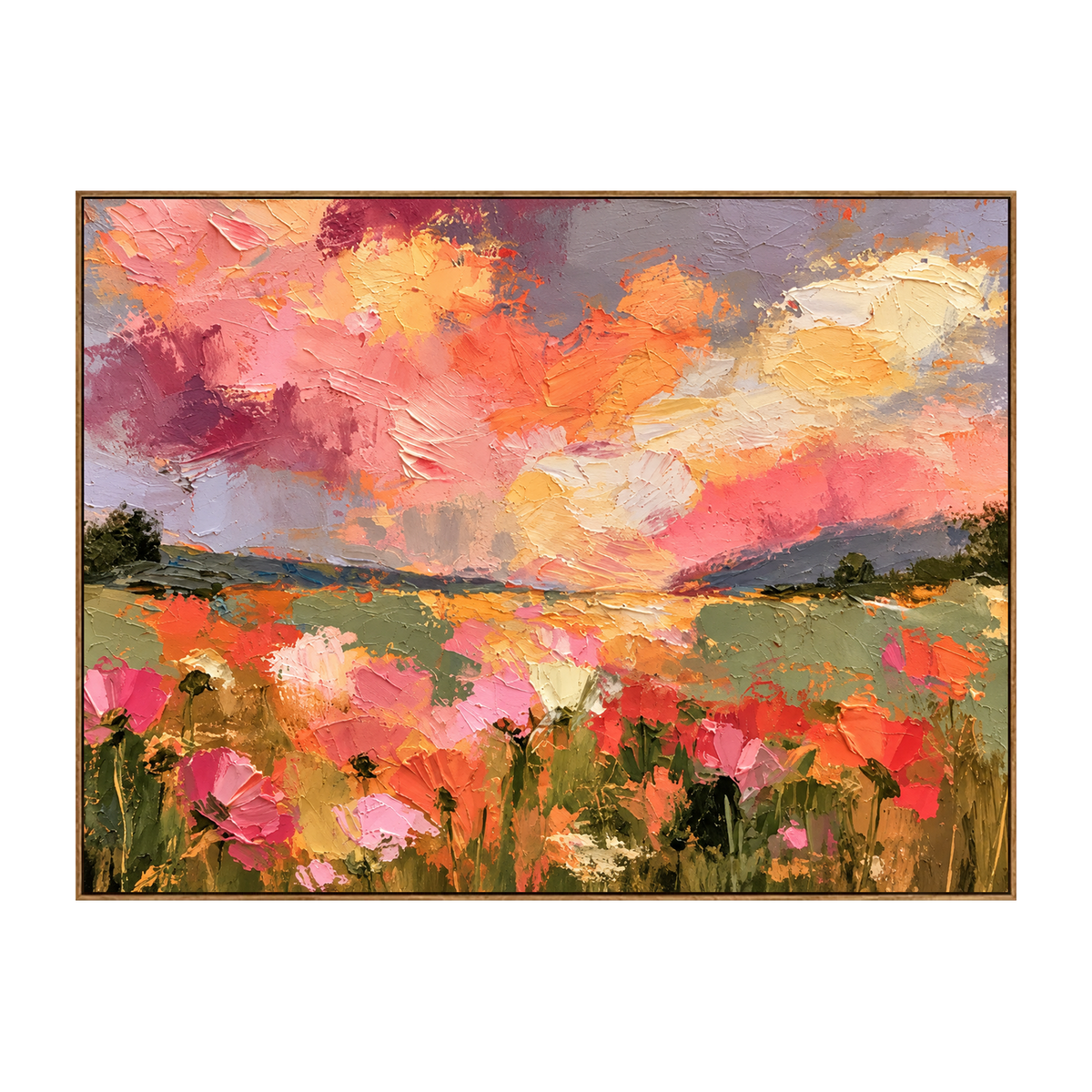 Sunset Petalfield artwork in a natural wood frame on a transparent background.