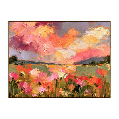 Sunset Petalfield artwork in a natural wood frame on a transparent background.