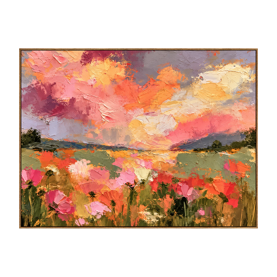 Sunset Petalfield artwork in a natural wood frame on a transparent background.