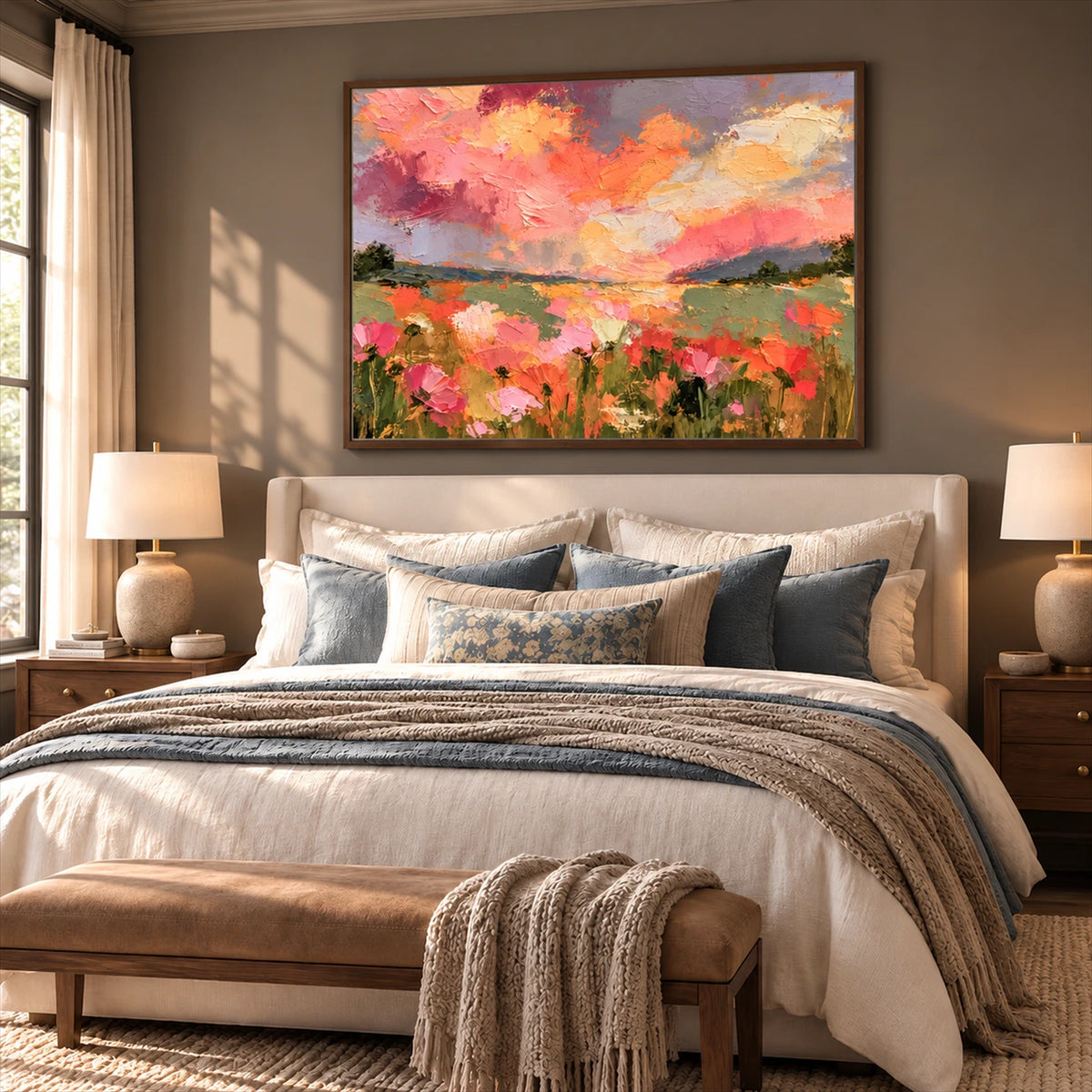 Sunset Petalfield artwork displayed above a neutral bed and upholstered bench.
